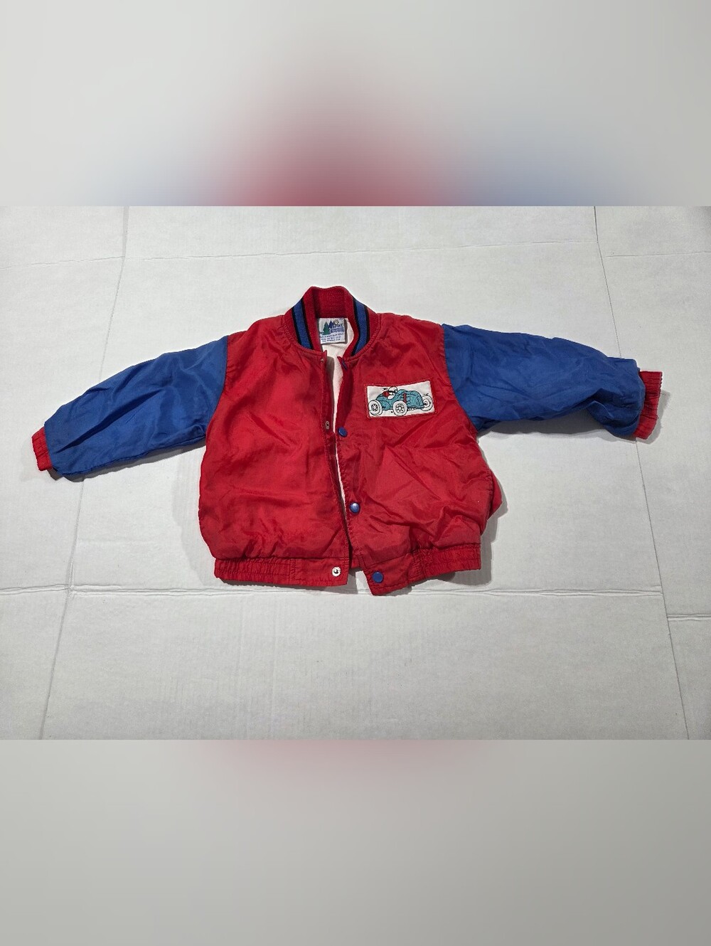 Vintage Kids Red and Blue Bomber Jacket with Car Patch